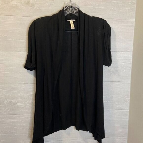 Ambiance Apparel Women's Puffed Short Sleeve Open Front Asymmetrical Cardigan - Picture 3 of 6